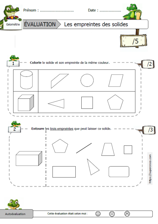 Évaluation les empreintes des solides - CP / Première primaire