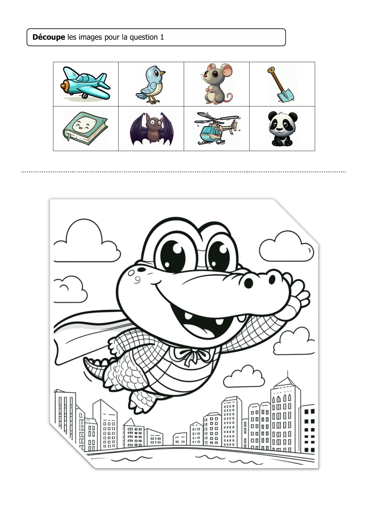 Feuille avec des images à découper représentant des objets et des animaux, accompagnée d’un dessin de SuperCroco.