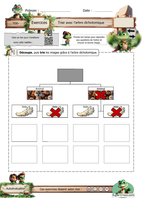 Arbre de tri dichotomique avec des images à découper représentant des êtres vivants et non vivants.