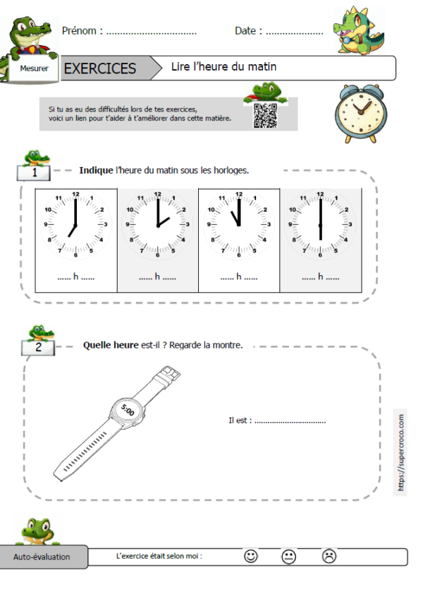 Les heures, exercices pour les enfants de cp ou du ce1