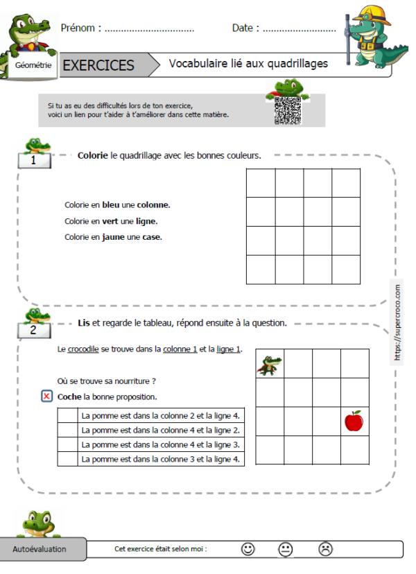 Vocabulaire des quadrillages, exercices pour les enfants du ce1