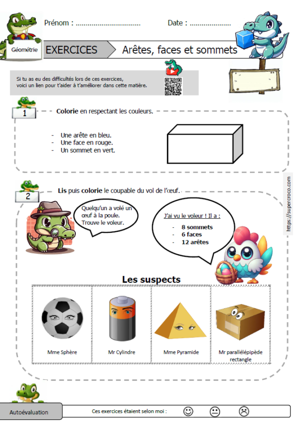 Exercices sur le vocabulaire des solides, arêtes, faces et sommets.