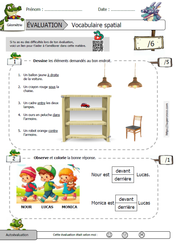Vocabulaire des positions, évaluation