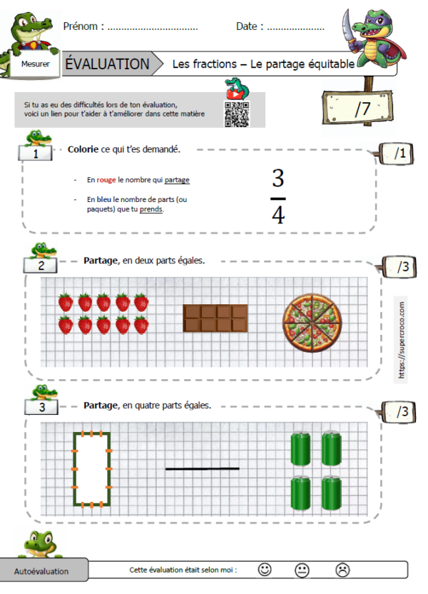 Première évaluation centrée sur les fractions, mettant l'accent sur le partage en deux et en quatre parts égales.
