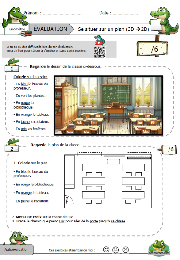 Évaluation Géométrie - Se situer sur un plan, de la 3D vers la 2D.