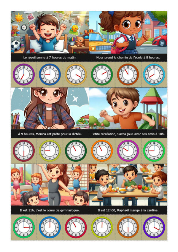 Carte d'activité sur les heures. Choisissez l'heure correcte avec notre ce jeu éducatif.