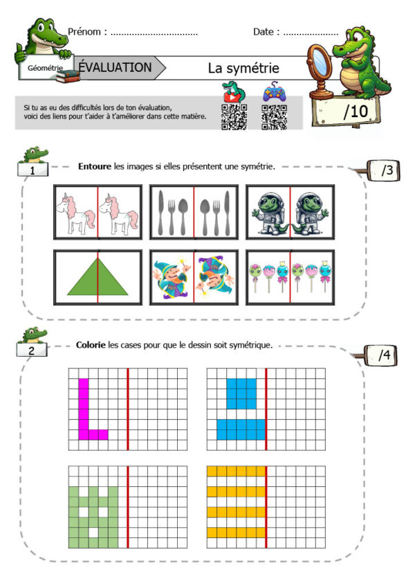 L'image illustre une feuille d'évaluation de la symétrie pour les CE1, mettant en avant des exercices engageants, une auto-évaluation avec un smiley, et des adaptations pour les troubles d'apprentissage. Des QR codes permettent d'accéder à un jeu interactif et à une vidéo explicative. Une ressource pédagogique complète et ludique pour enrichir l'apprentissage des élèves.