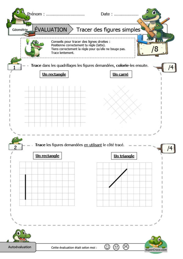 "Évaluation de Tracé de Figures CE1 (deuxième primaire): Image représentant des figures géométriques tracées avec soin par les élèves sur un quadrillage. Téléchargez gratuitement!