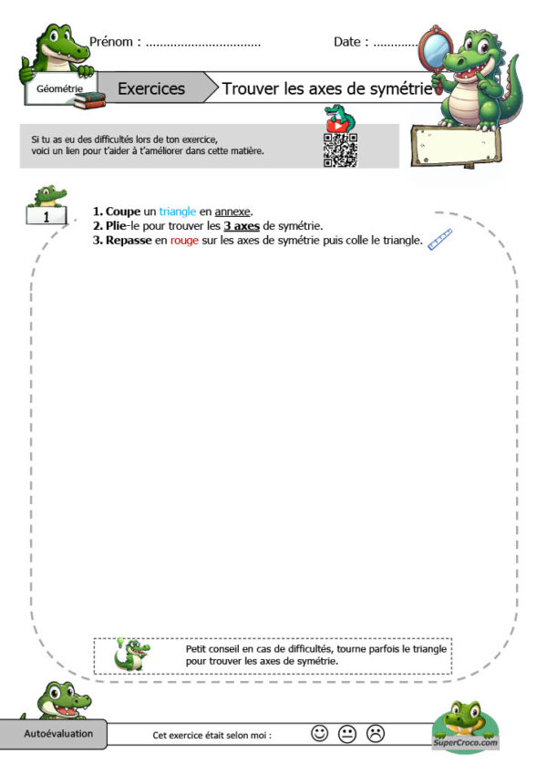 Feuille d'exercices illustrant des triangles équilatéraux, prêts à être pliés et découpés. Une immersion interactive dans le monde captivant de la symétrie pour les élèves de CE1 et CE2.