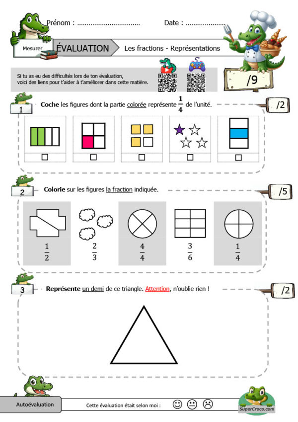 Évaluation des Fractions CE1: feuille d'exercices adaptée, incluant des questions sur les représentations visuelles des fractions. Téléchargez maintenant!