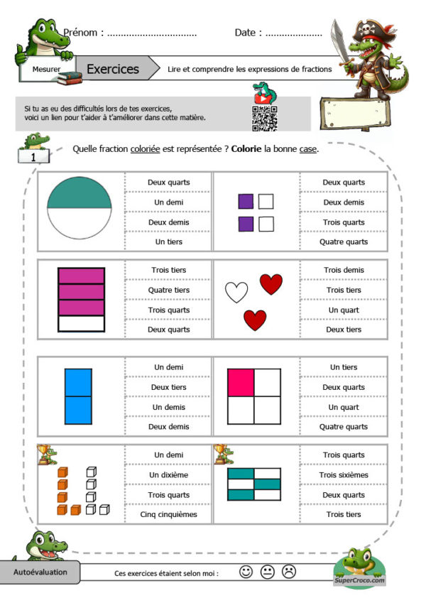 Feuille d'exercices interactive de fractions pour élèves de CE1 : illustrations colorées représentant des fractions à identifier avec des options de réponse en français.