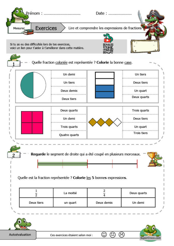 Feuille d'exercices CE2 sur les fractions : coloriage visuel d'images et segments de droite. Ressource éducative gratuite à télécharger pour une expérience d'apprentissage interactive.