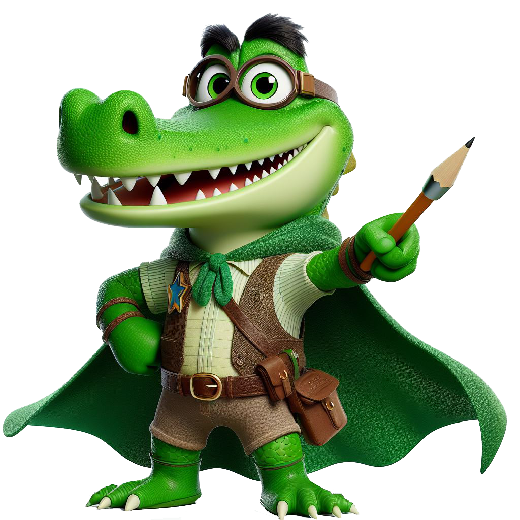 Image de Super Croco enseignant avec enthousiasme, illustrant les ressources éducatives pour les enseignants.