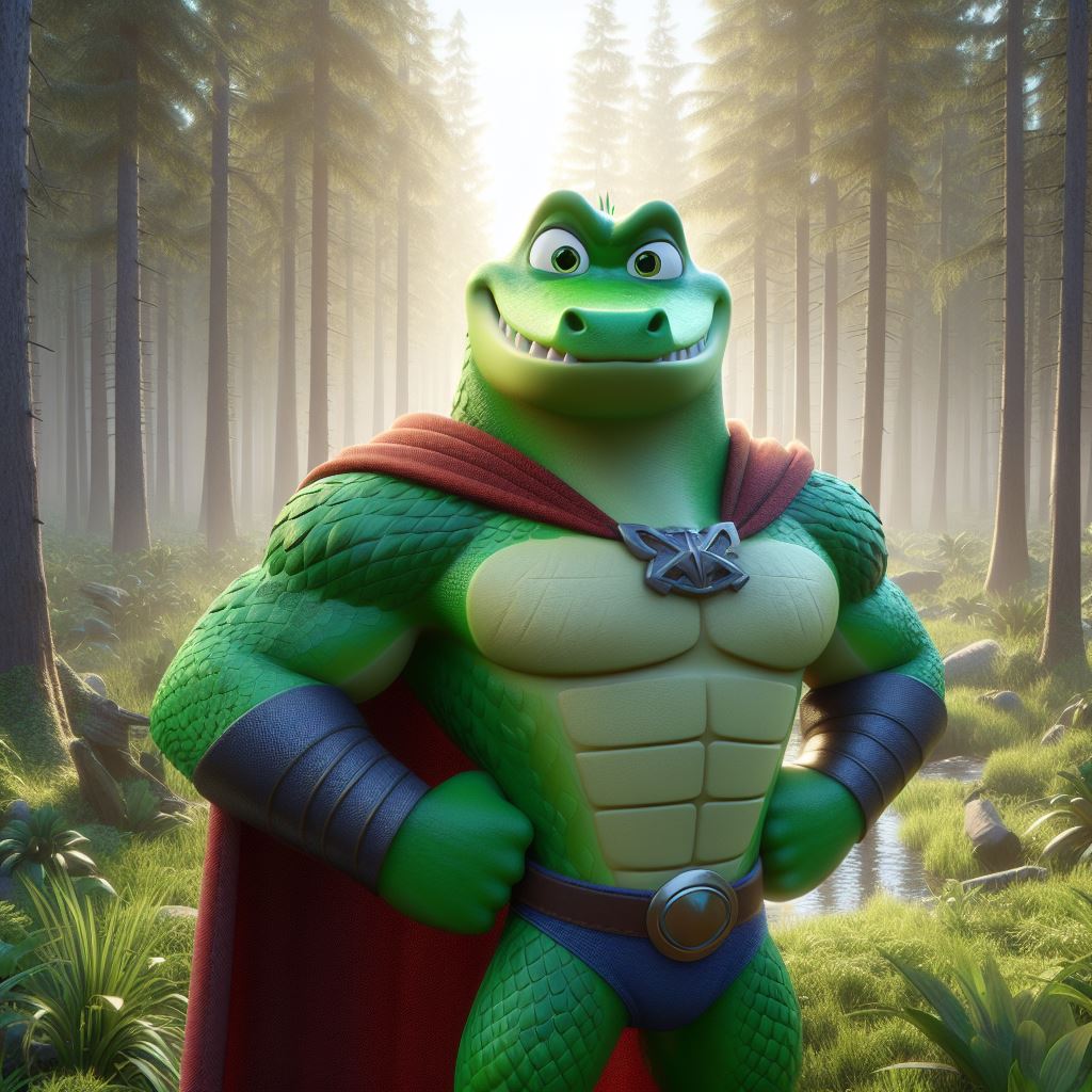 Image représentant Super Croco dans une forêt, illustrant l'éducation ludique pour les enfants de primaire sur SuperCroco.com