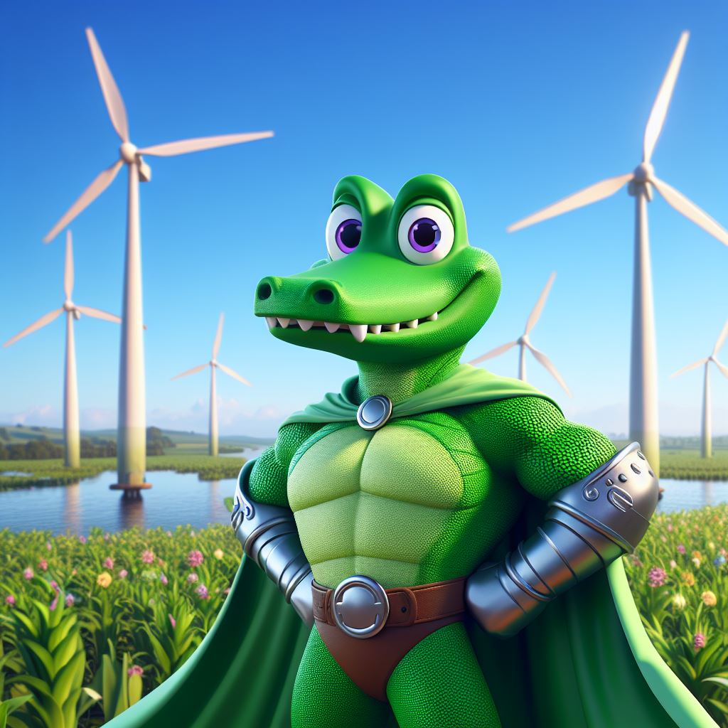Image illustrant l'éducation pour les enfants de primaire sur SuperCroco.com avec un crocodile souriant et des éoliennes en arrière-plan.