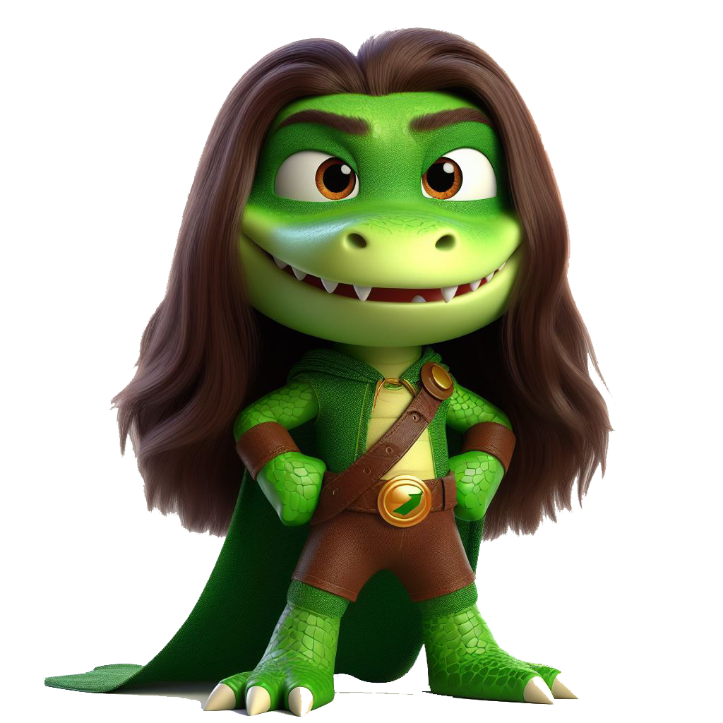 Une élève Super Croco aux longs cheveux, appréciant l'apprentissage ludique, illustrant l'éducation divertissante pour les enfants de primaire