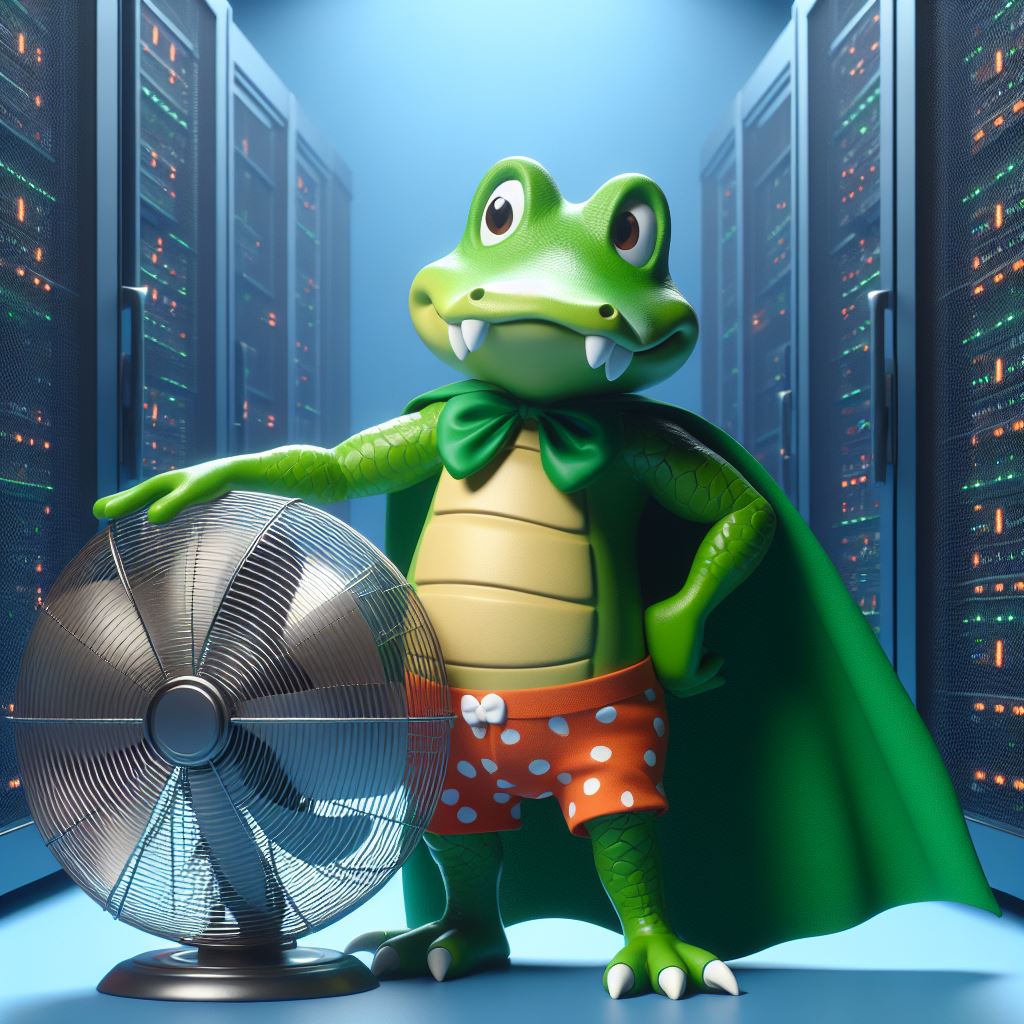 Super Croco utilisant un ventilateur pour refroidir un data center, illustrant l'engagement écologique dans l'éducation pour les enfants de primaire sur SuperCroco.com