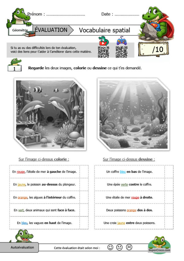 Image représentant des éléments marins coloriés selon les instructions de l'évaluation du vocabulaire spatial pour les élèves de CE1.