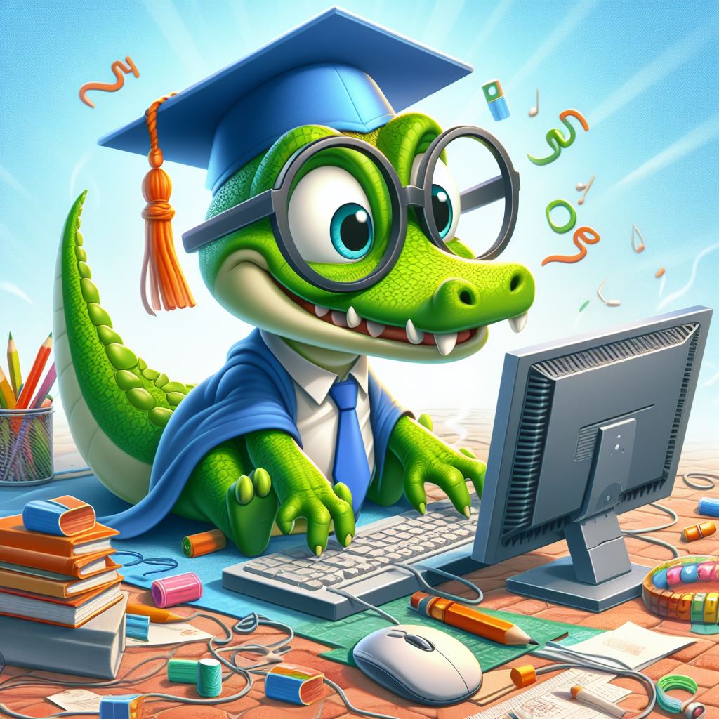Jeux éducatifs en ligne 02 Illustration d'un SuperCroco jouant à des jeux éducatifs en ligne. SuperCroco, le compagnon ludique de l'apprentissage, engage les enfants dans des activités interactives et instructives, stimulant ainsi leur curiosité et leur développement cognitif. Découvrez une expérience d'apprentissage enrichissante et amusante avec SuperCroco.