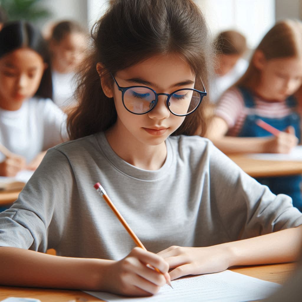 Réussir son CEB, une élève de 6ème primaire concentrée sur son évaluation CEB en classe et lisant attentivement les consignes pour réussir ses examens.
