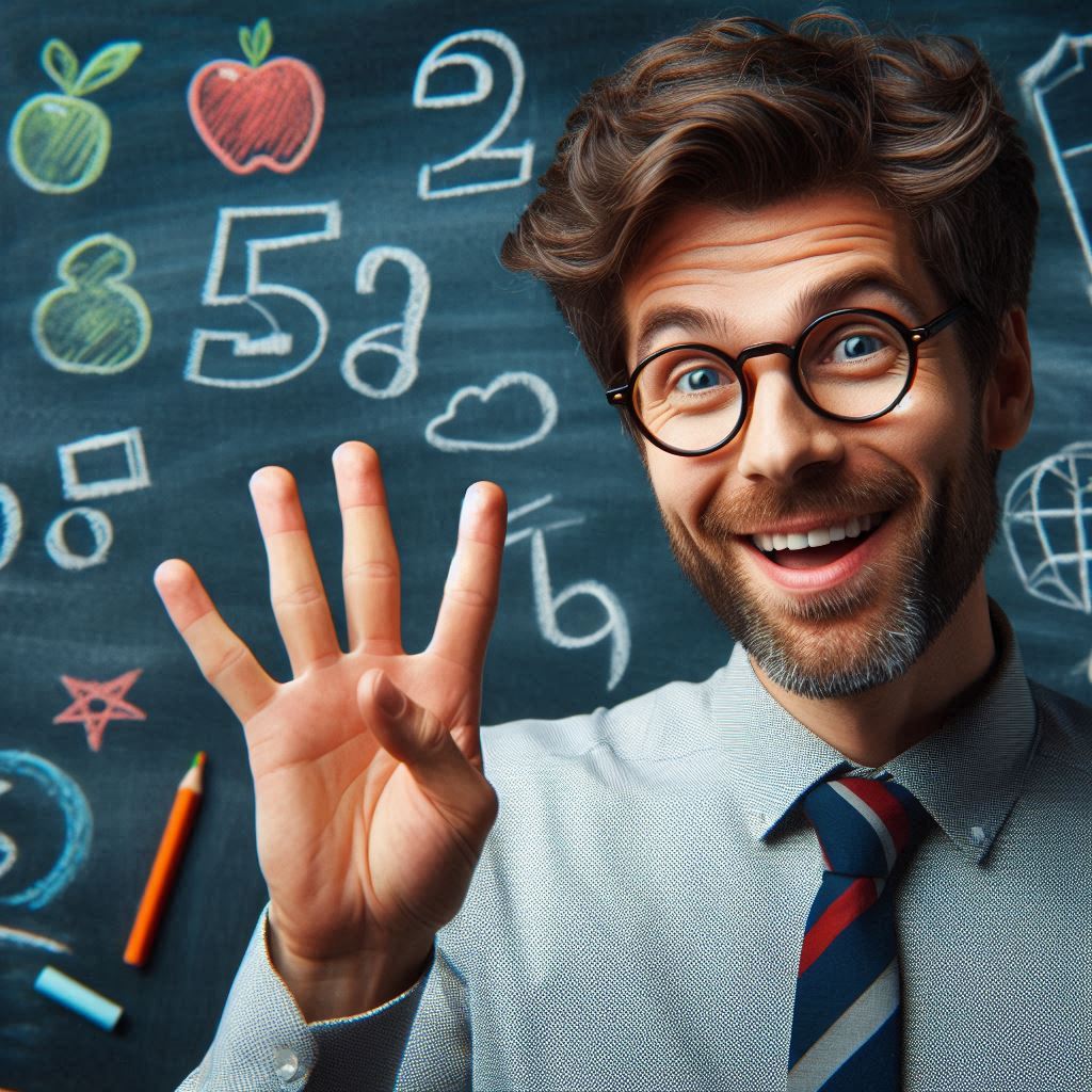 Professeur debout devant une classe, main levée en décompte.