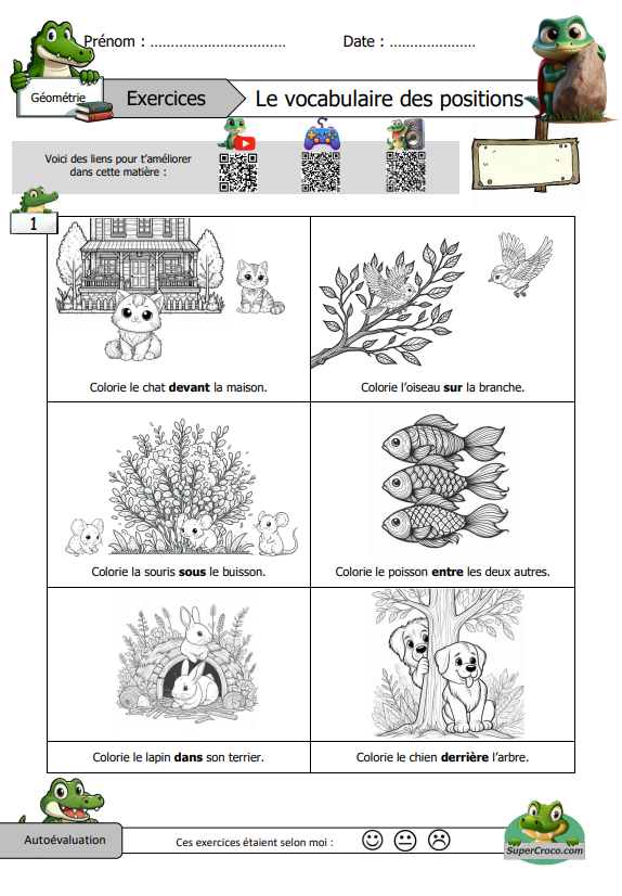 Le vocabulaire des positions - Exercices