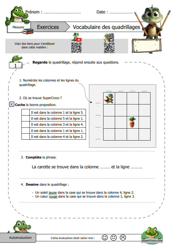 Le vocabulaire des quadrillage - Exercices
