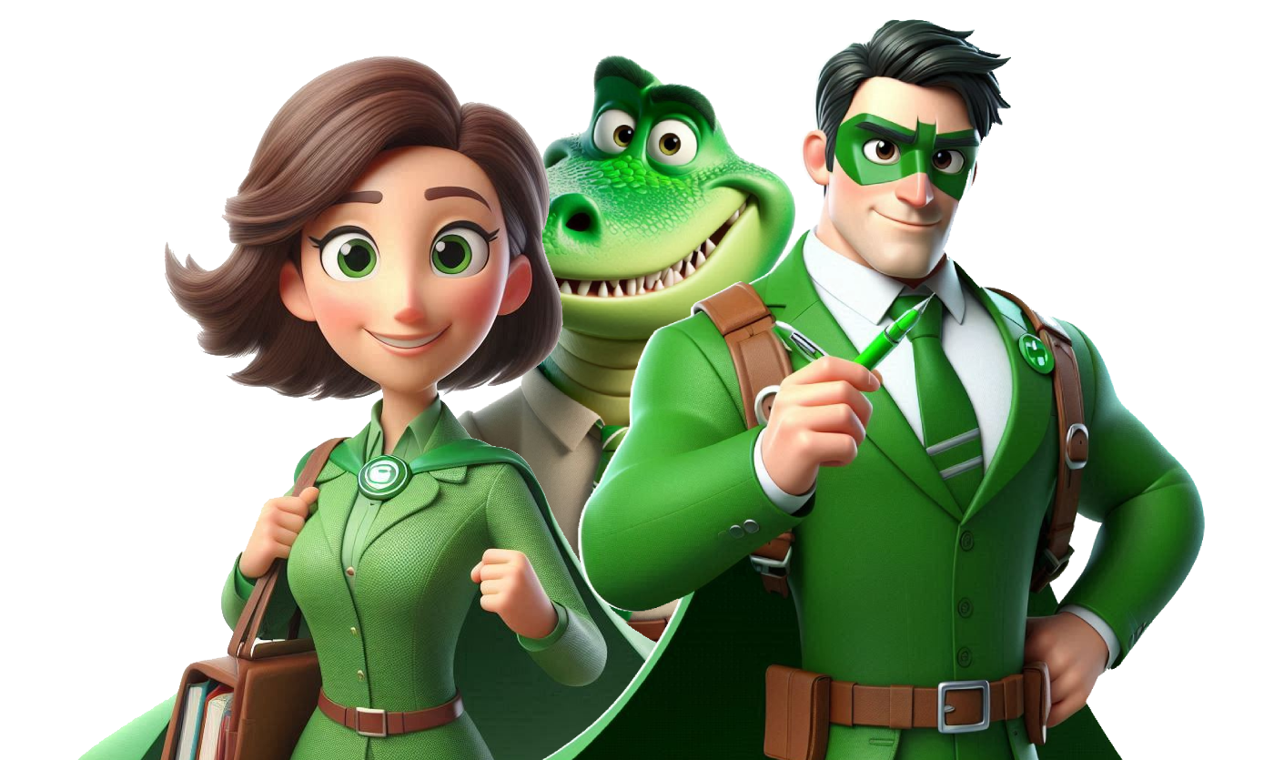 Une institutrice souriante avec SuperCroco, le professeur, dans une salle de classe, illustrant l'éducation dynamique et engageante.