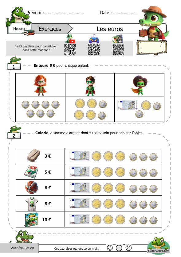 Feuille d'exercices CP pour apprendre à manipuler les euros avec des paiements inférieurs à 10 €. Activités ludiques et QR codes inclus.