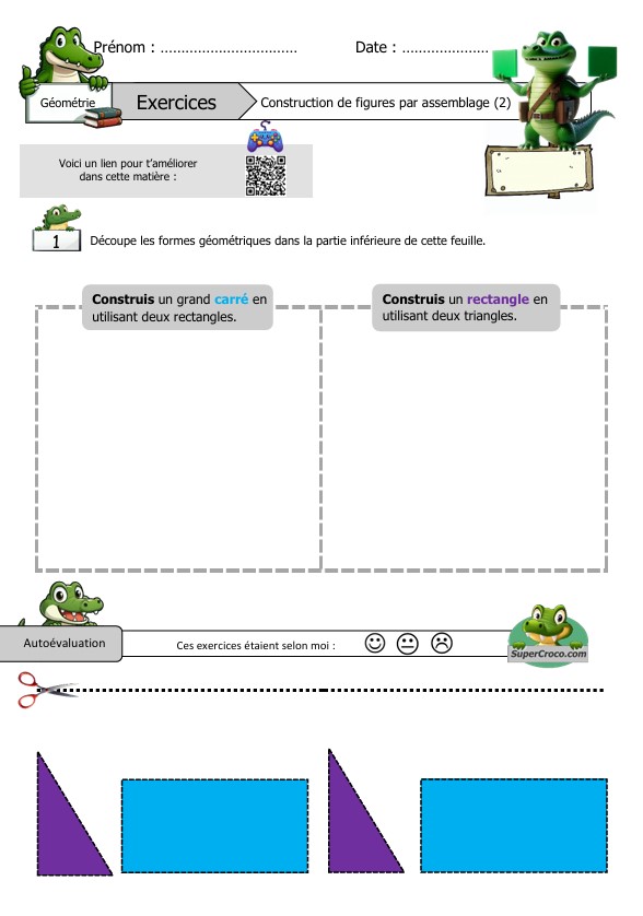 Feuille d'exercices pour enfants de Première Primaire (CP) sur l'assemblage de formes géométriques. Les consignes invitent à découper des rectangles et des triangles pour former un grand carré et un rectangle. En bas de la feuille, un QR code mène à un jeu interactif, et un espace permet à l'enfant de s'autoévaluer en coloriant un smiley.