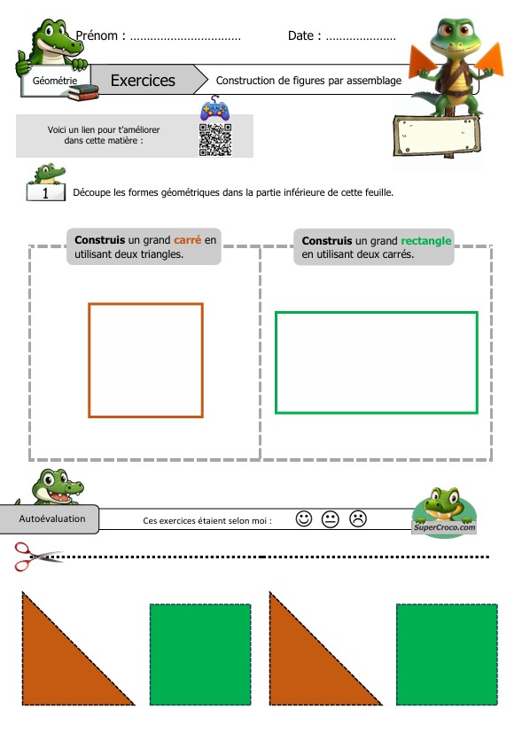 Feuille d'exercices pour élèves de CP sur la construction par assemblage : formes géométriques à découper et assembler pour créer un carré et un rectangle.