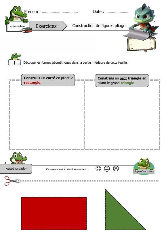 Feuille d’exercices pour enfants de première primaire (CP) avec des activités de pliage pour construire un carré et un triangle. Inclut des formes découpées et des instructions.