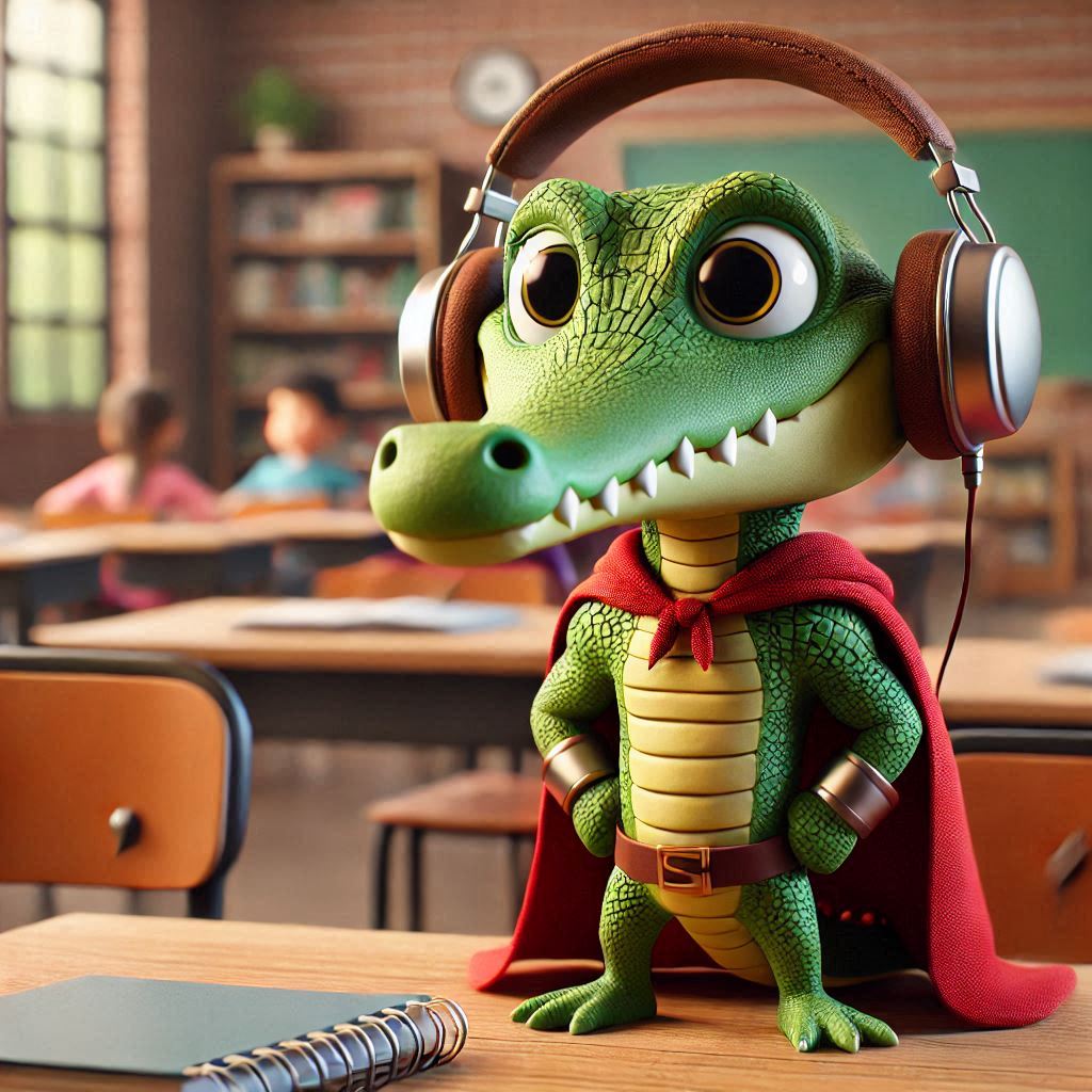 Un croco qui apprend les cours en musique.