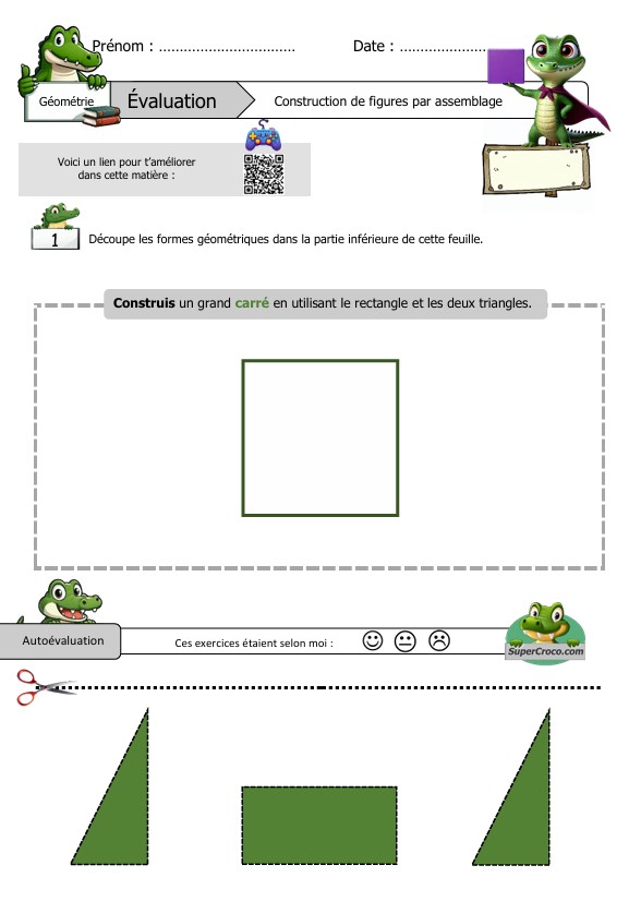 Image montrant une activité d’évaluation pour les enfants de CP et CE1, consistant à découper deux triangles et un rectangle, puis à les assembler pour former un grand carré.