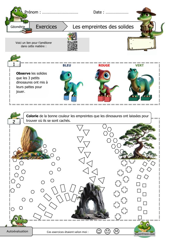 Feuille d'exercices sur les empreintes des solides pour CP-CE1, avec des dinosaures, des empreintes à colorier et un QR code.