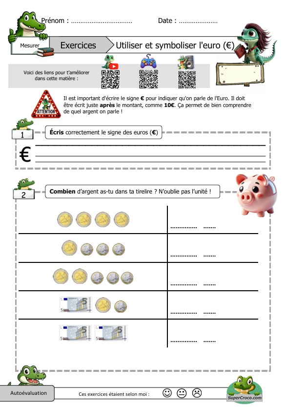 Feuille d’exercices sur l’euro (€) pour enfants de CP/CE1 : tracer le signe €, écrire des montants, QR codes vers ressources ludiques.
