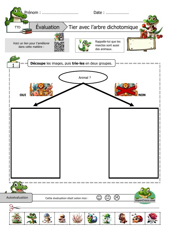Feuille d'évaluation sur le tri dichotomique pour les élèves de CP/CE1, avec des images à découper, un QR code menant à une chanson et un espace pour l'autoévaluation avec un smiley.