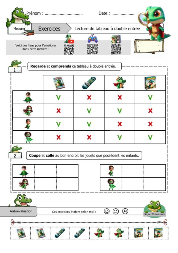 Feuille d'exercices sur la lecture de tableau à double entrée pour les enfants de Première Primaire (CP), avec un tableau à remplir, des illustrations de jouets, des QR codes menant à une chanson, une vidéo explicative et un jeu, ainsi qu'une zone pour l'autoévaluation avec un smiley à colorier.