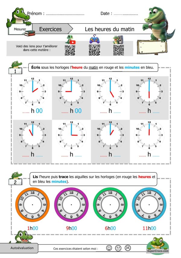 Feuille d’exercices sur les heures du matin (CP - Première Primaire) avec horloges à compléter, tracé des aiguilles et QR codes interactifs.
