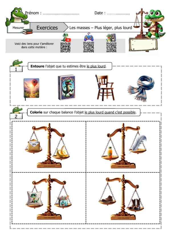 Feuille d’exercices sur les masses pour CP – Comparer et estimer les masses avec des objets et des balances à plateaux. Activités variées avec QR codes pour approfondir l’apprentissage.