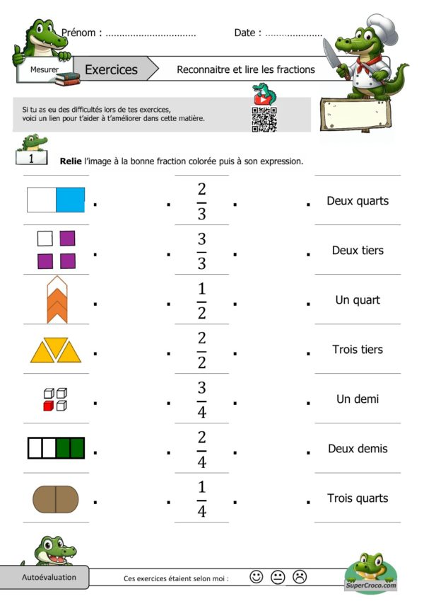 feuille d'exercices sur les fractions pour les élèves de CE1, montrant des figures colorées à associer à leur fraction correspondante et à son expression écrite, avec un QR code pour une vidéo explicative.