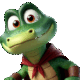 Super Croco, un crocodile souriant, regarde directement vers vous avec un regard amical.