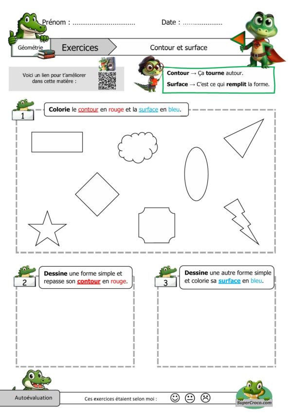 Image illustrant une feuille d'exercice pour les enfants de CE1, avec des formes à colorier. Le contour est à colorier en rouge et la surface en bleu.