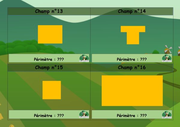 Fiches d’exercices sur le périmètre – CE1/CE2 Ces fiches permettent aux élèves de mesurer et de calculer le périmètre de champs de formes variées. Chaque fiche présente une carte avec un champ, et les enfants doivent mesurer les côtés, effectuer le calcul du périmètre, puis inscrire leur réponse sur la fiche prévue à cet effet. Un correctif est fourni pour accompagner la correction et l'apprentissage.