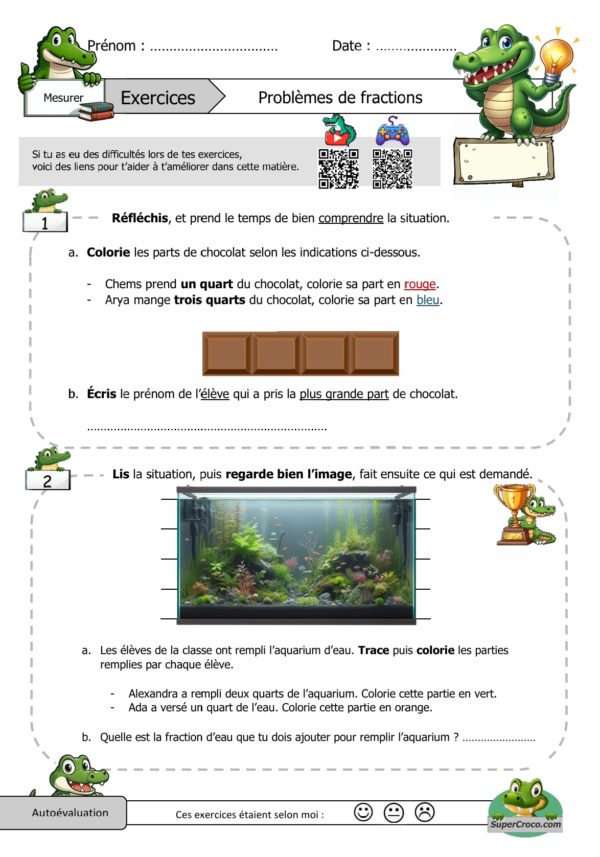 Feuille d'exercices pour les élèves de CE1, avec des problèmes de fractions. Les élèves doivent colorier des parts de chocolat et d'eau en fonction des fractions indiquées.