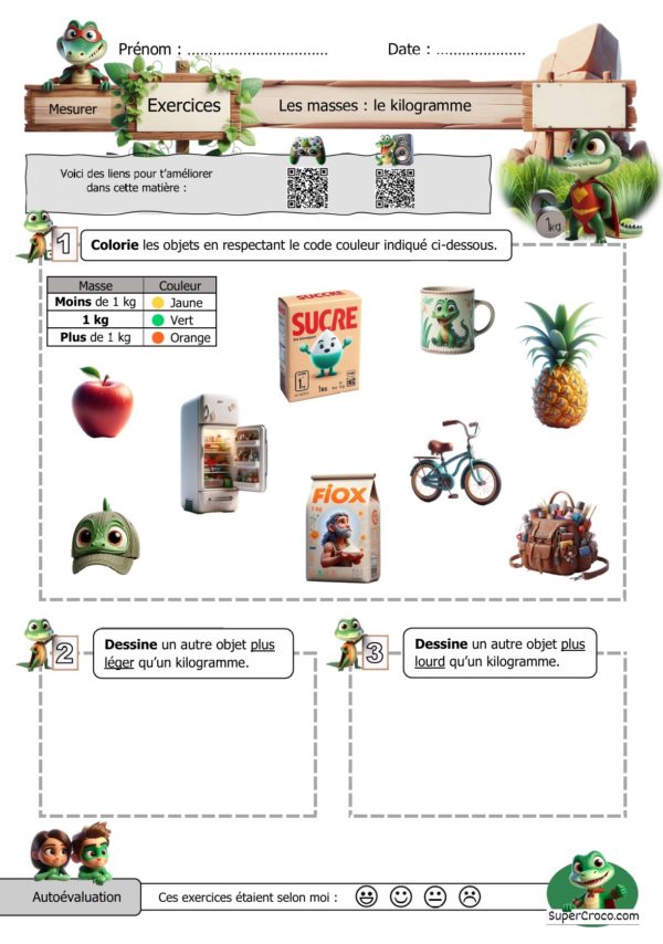 Feuille d'exercices pour les enfants de CE1 sur le kilogramme et les masses. L'exercice inclut des consignes pour colorier des objets en respectant un code couleur, dessiner un objet plus léger et un autre plus lourd qu’un kilogramme. Deux QR codes sont présents pour accéder à une chanson explicative et à un jeu interactif. L'enfant peut s'autoévaluer à la fin en coloriant un smiley.