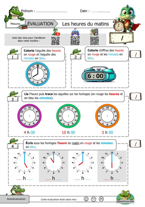 Feuille d’évaluation sur les heures du matin pour les élèves de CP, avec des questions sur la lecture, le tracé et l’écriture de l’heure sur des horloges analogiques et numériques.