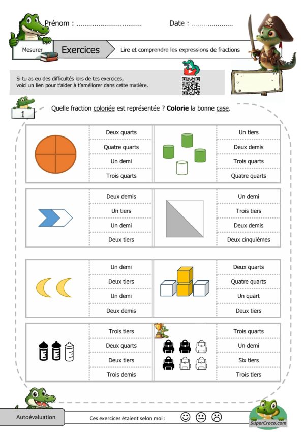 Feuille d'exercices pour les élèves de deuxième primaire (CE1) sur les fractions. L'image montre des représentations visuelles de fractions (comme des portions de gâteau ou de pizza) et plusieurs cases à colorier correspondant à différentes fractions : un demi, deux quarts, trois quarts, et quatre quarts. L'élève doit identifier la fraction représentée et colorier la case correcte. Un espace d'autoévaluation avec un smiley est présent à la fin de l'exercice.