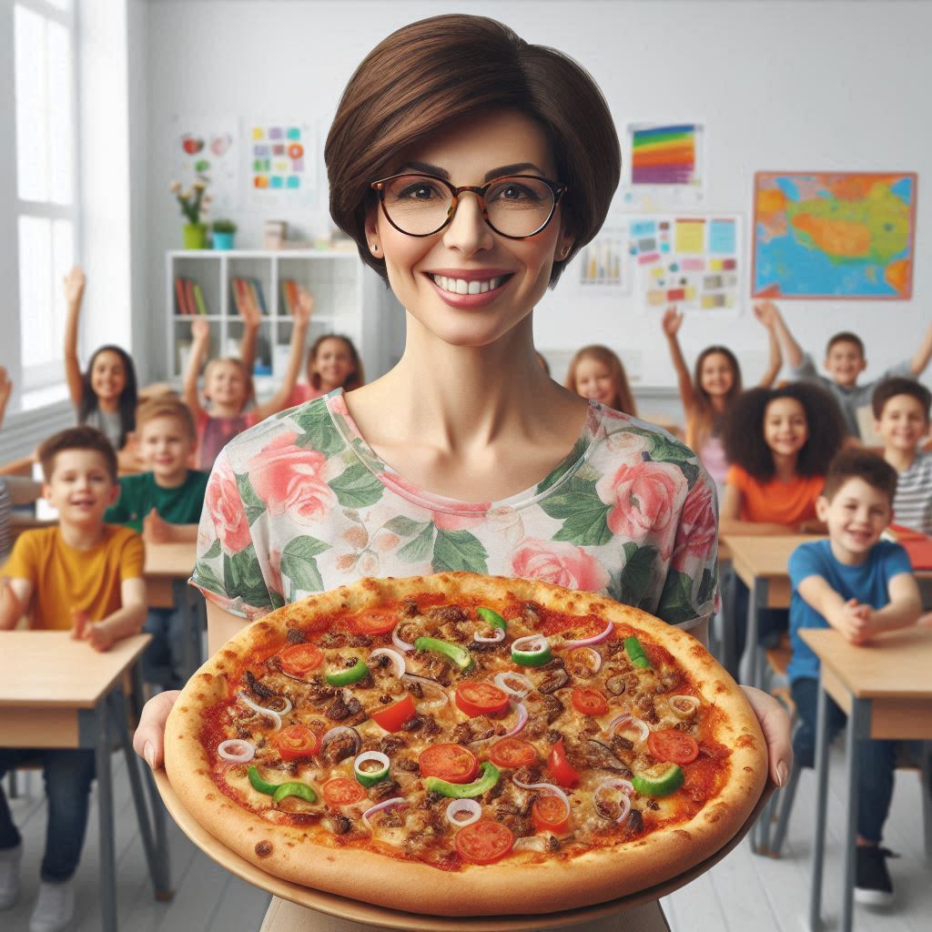 Une institutrice souriante explique la notion d’unité à de jeunes élèves en utilisant une pizza comme support visuel. Devant un tableau, elle montre une pizza entière, soulignant qu’elle représente une unité complète avant d’aborder la notion de fractionnement. Les enfants, attentifs, observent avec intérêt, certains levant la main pour participer.