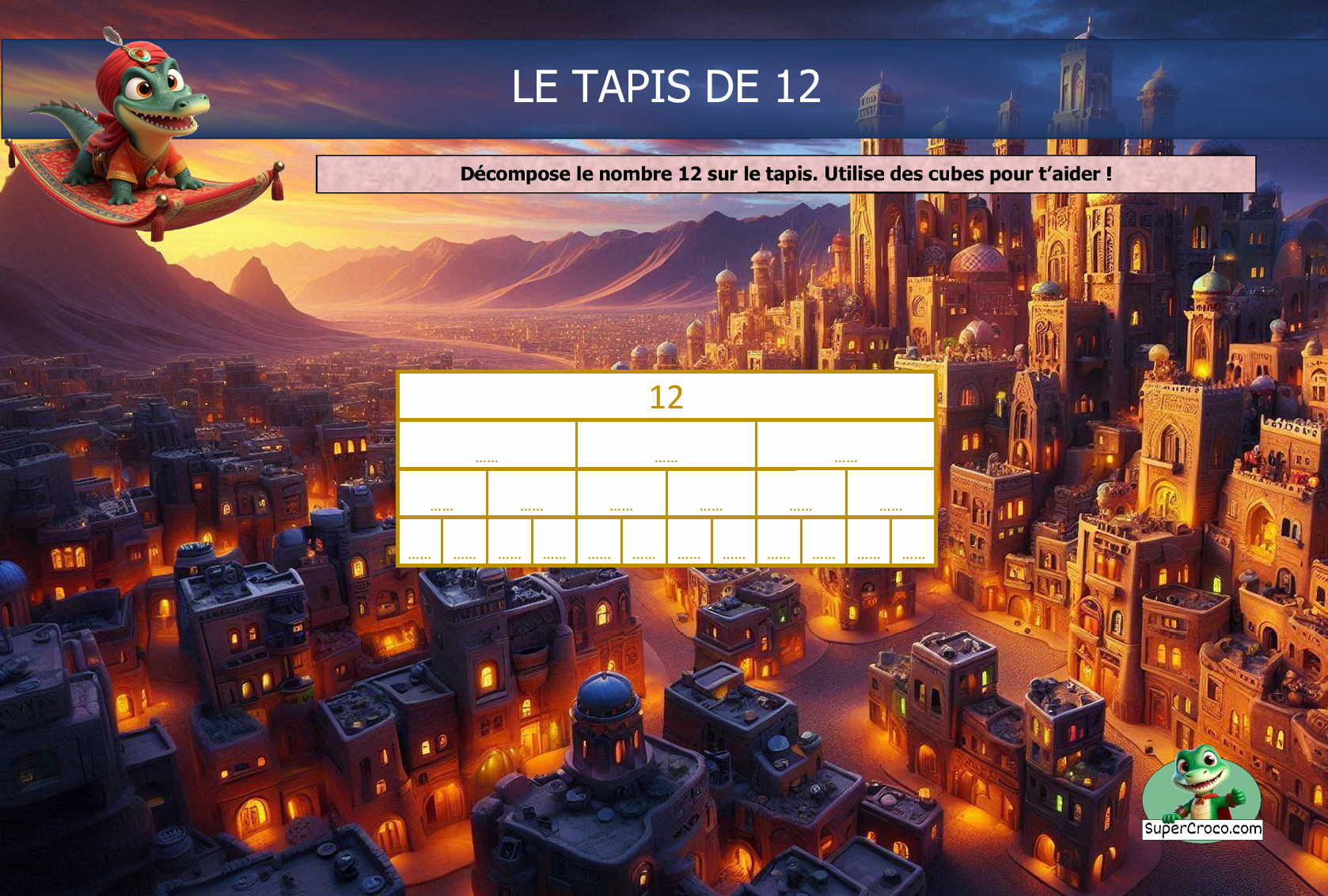 Tapis de nombre pour décomposer le nombre 12 avec des cubes, conçu pour les élèves de deuxième primaire (CE1), ligne par ligne, avec repérage visuel par couleur.